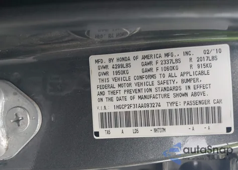 2010 Honda Accord 2.4 Lx from USA, damaged, VIN 1HGCP2F31AA093274